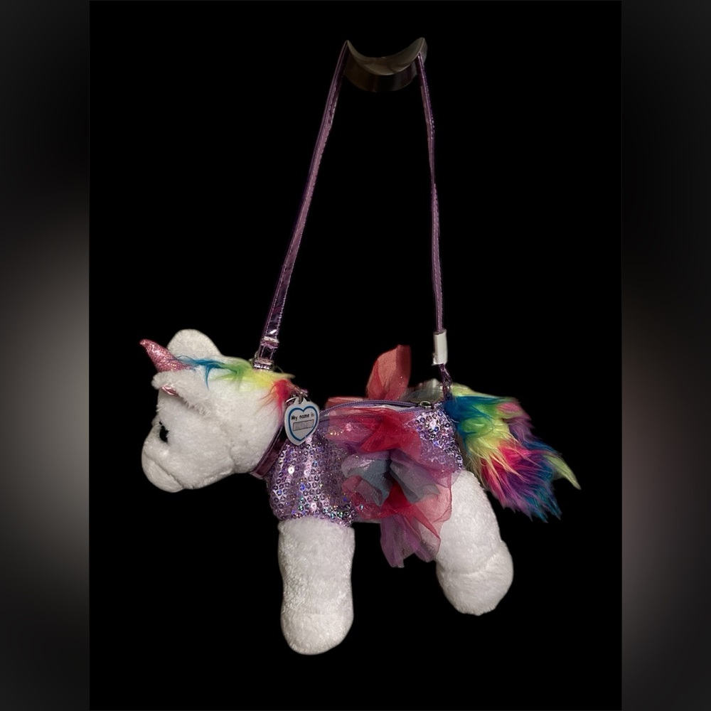 Poochie & Co plush unicorn shoulder purse zipper close rainbow tail child’s bag